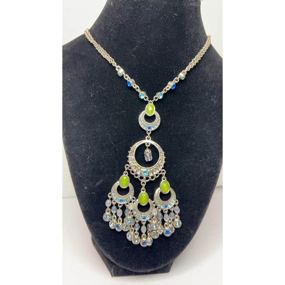 Vintage Silver Tone Necklace with Green and Blue Stones